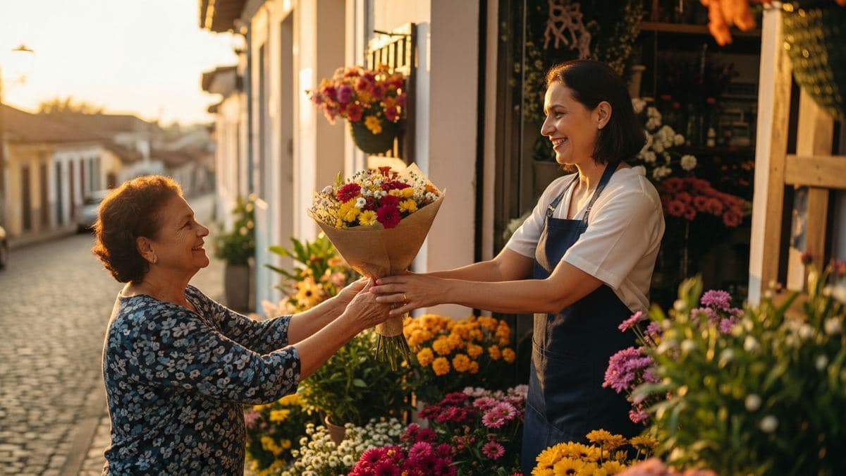 Dona de floricultura entregando flores a uma cliente idosa sorridente