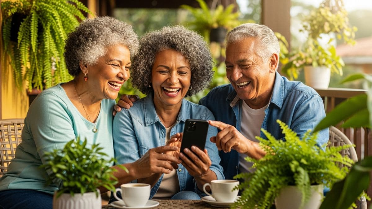 Três pessoas 60+ rindo juntas olhando um celular