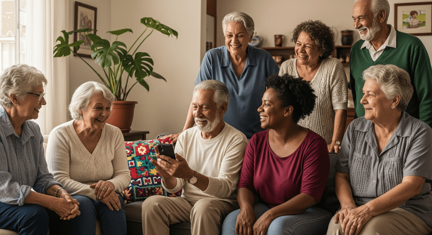Grupo diverso de pessoas 60+ brasileiras sorrindo e conversando juntas em uma varanda ensolarada e acolhedora