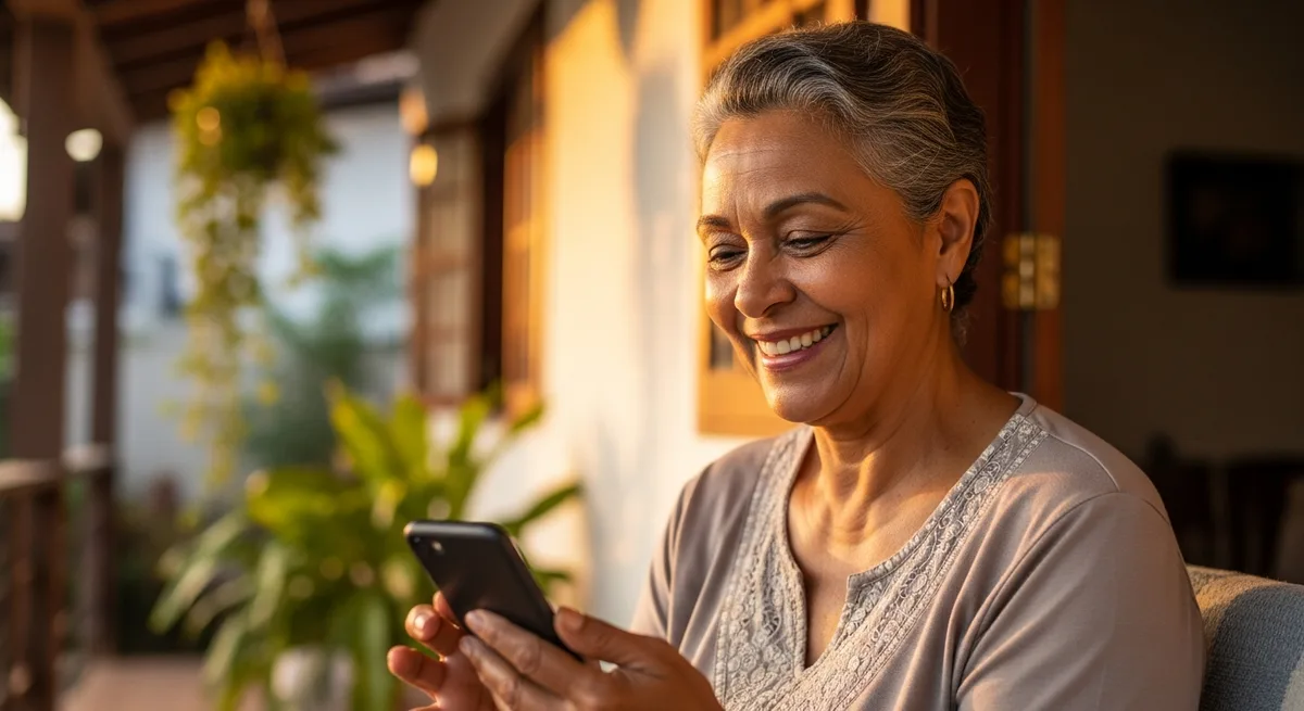 Pessoa de 60 anos ou mais sorrindo, usando o celular na varanda de casa